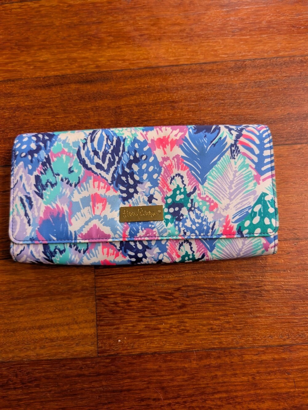 Lilly Pulitzer Floral Print Wallet in Pink, Blue & Green with Gold Logo